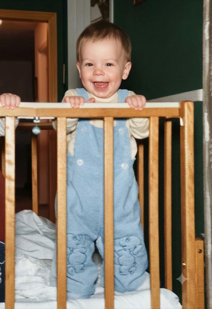 A baby standing in a crib