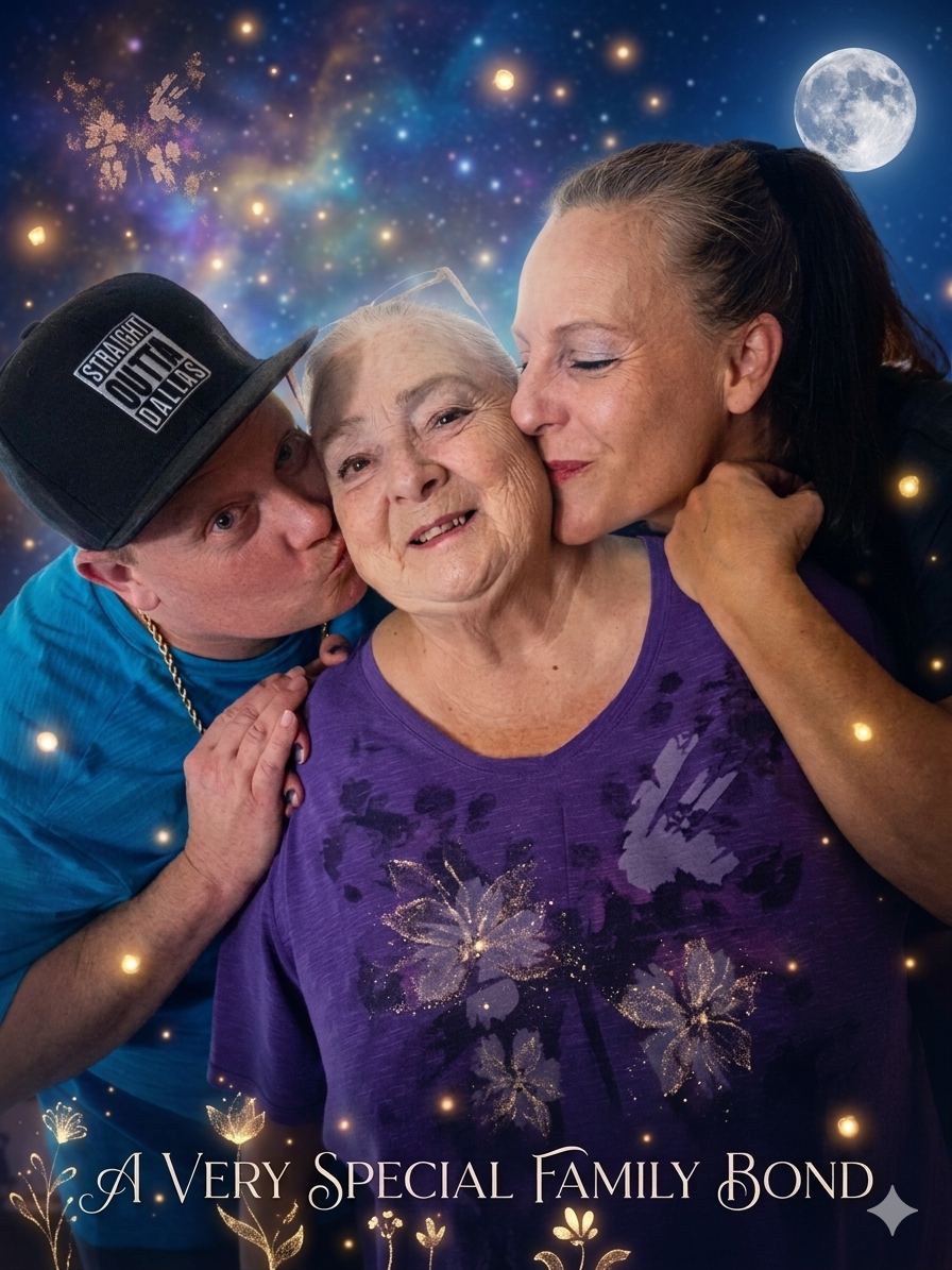 A man kissing an old woman