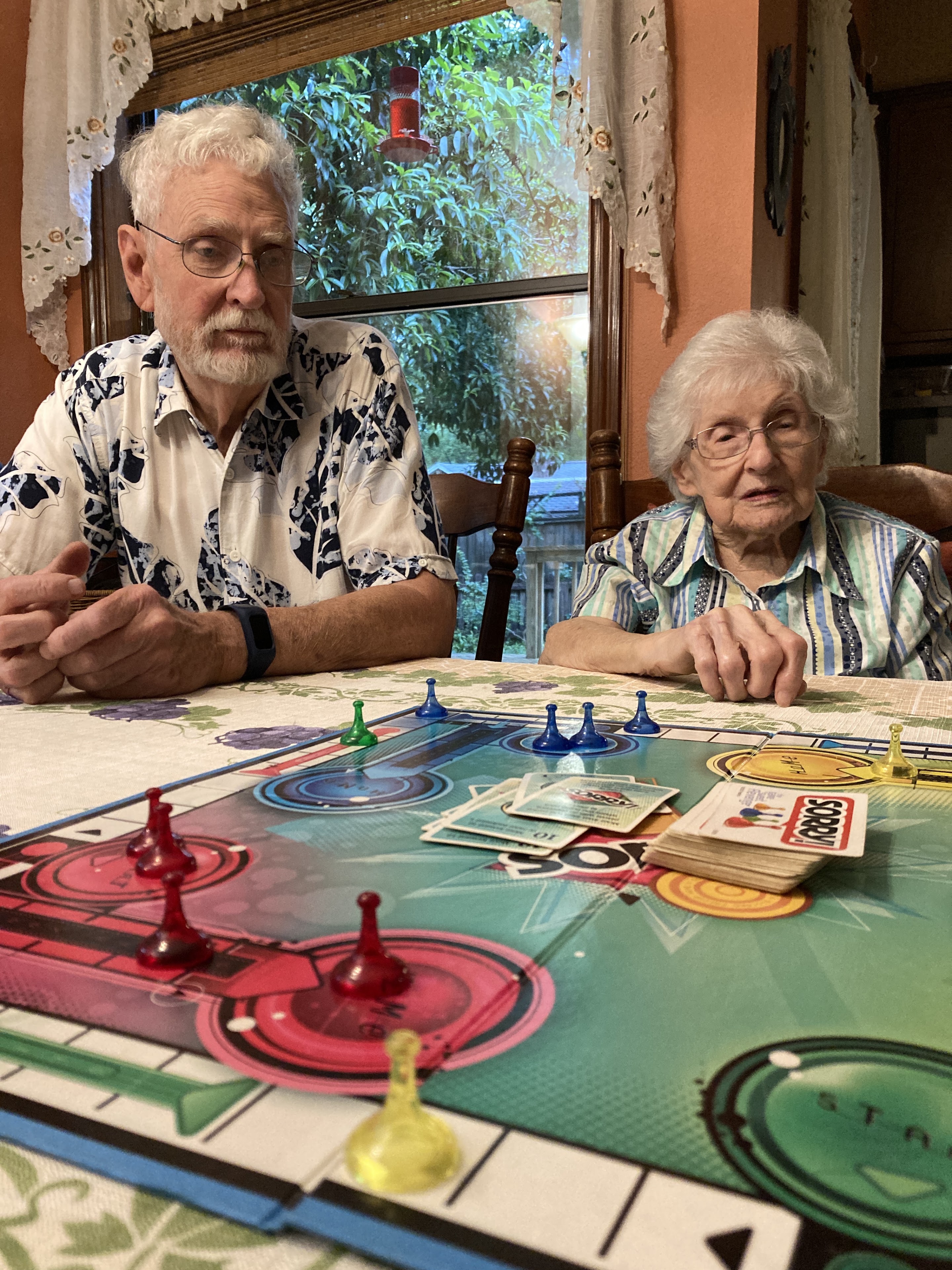 An older couple playing a board game