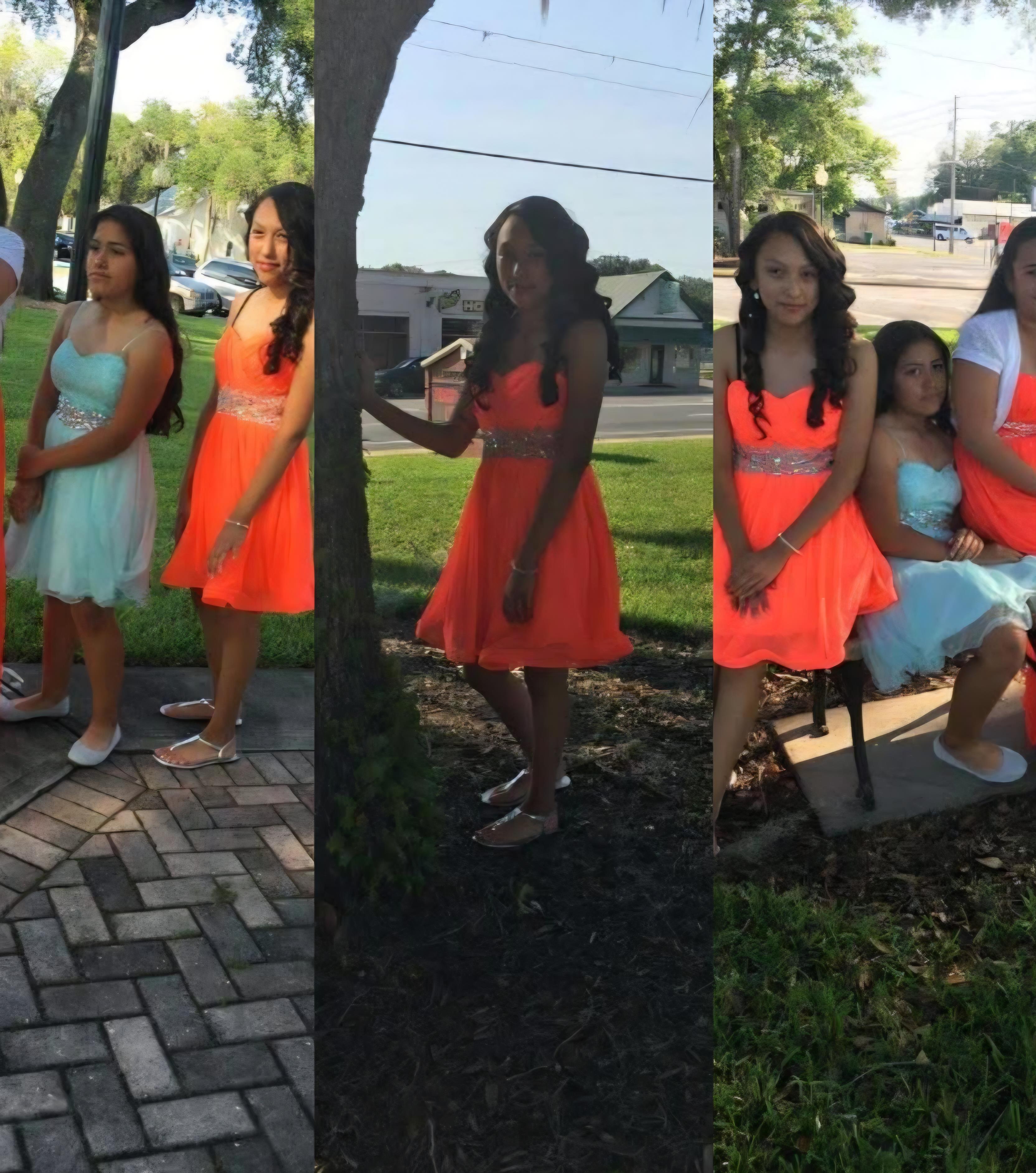 A collage of a girl in a dress