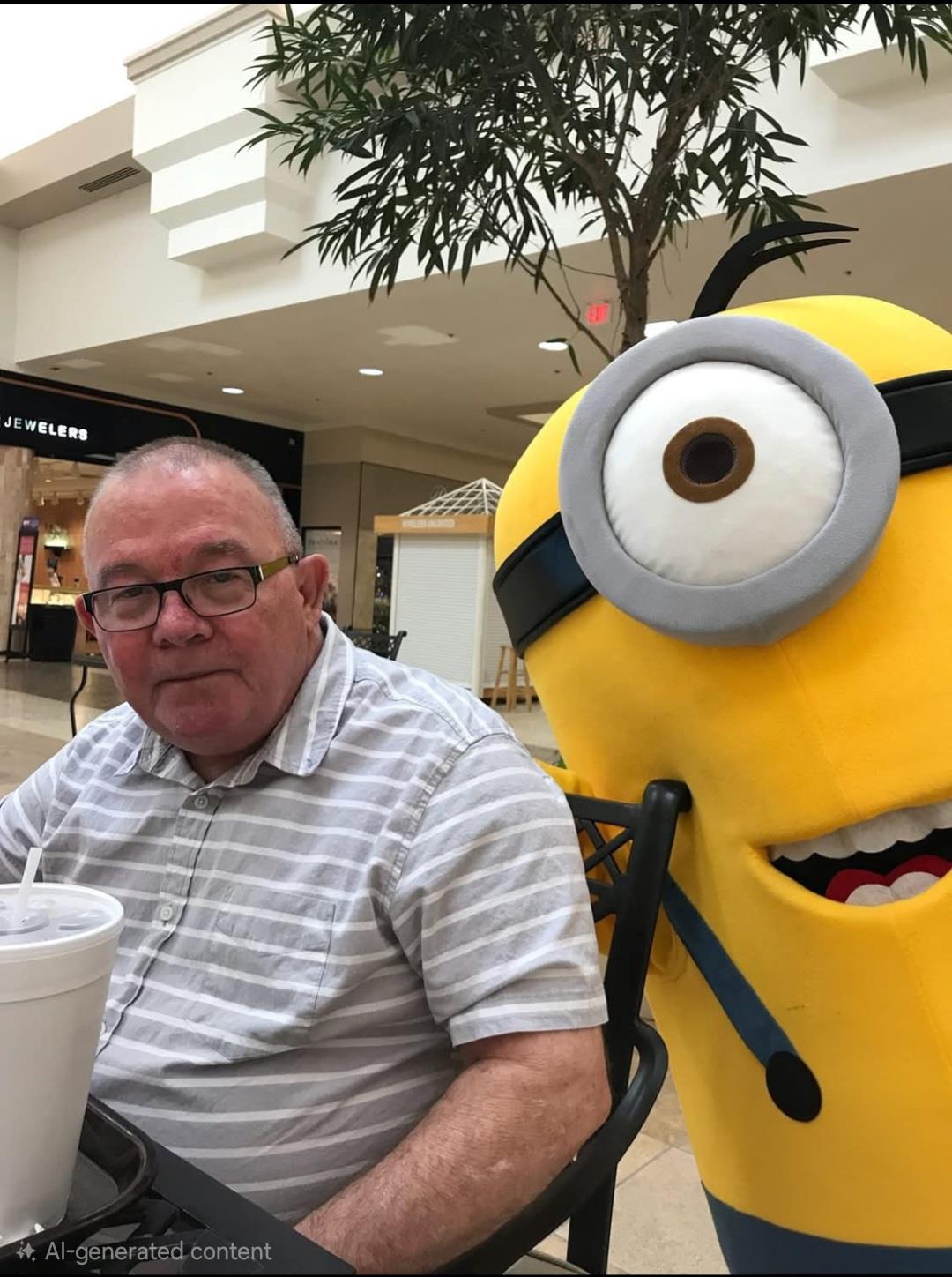 A man sitting in a chair with a yellow mascot