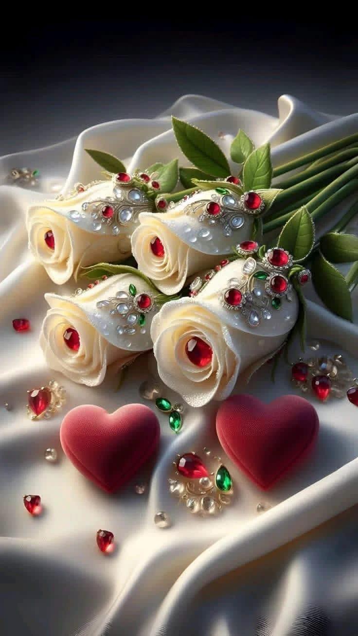 A bouquet of white roses with red gemstones and a heart shaped box