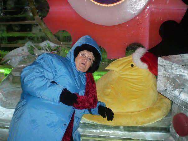 A woman in a blue coat and a yellow stuffed animal