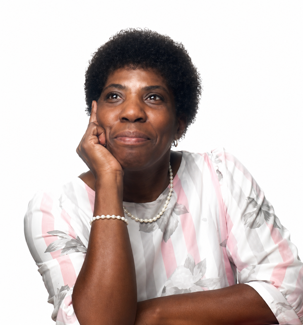 A woman with her hand on her chin