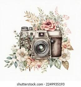 A camera with flowers and leaves