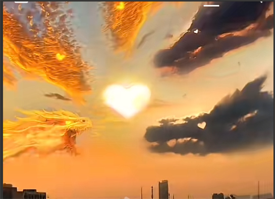 Golden sunset glows, revealing heart-shaped clouds and dragon forms above the skyline.