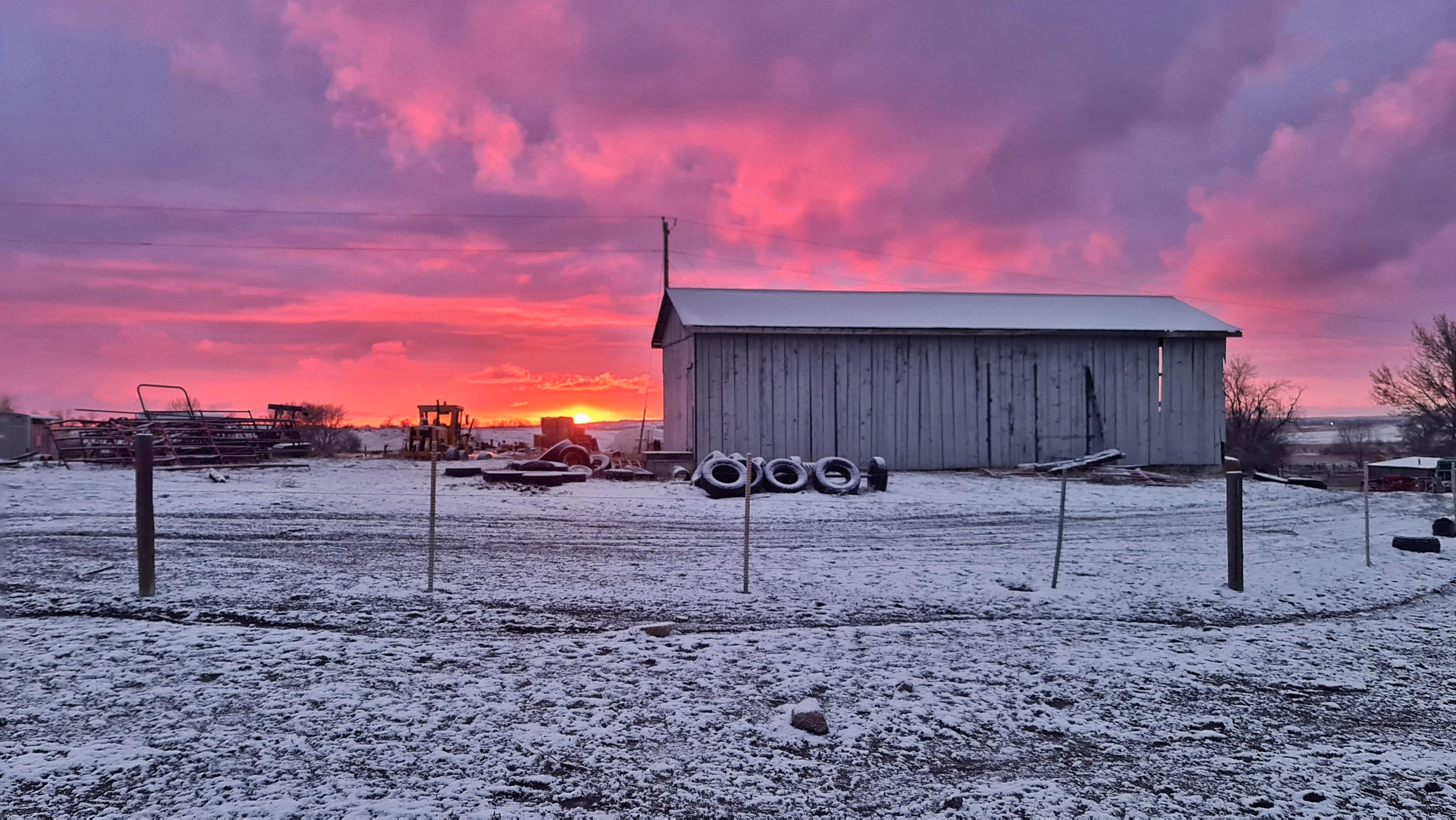 Bright hues of orange and pink light up the sky during a winter sunrise over a snowy field.
