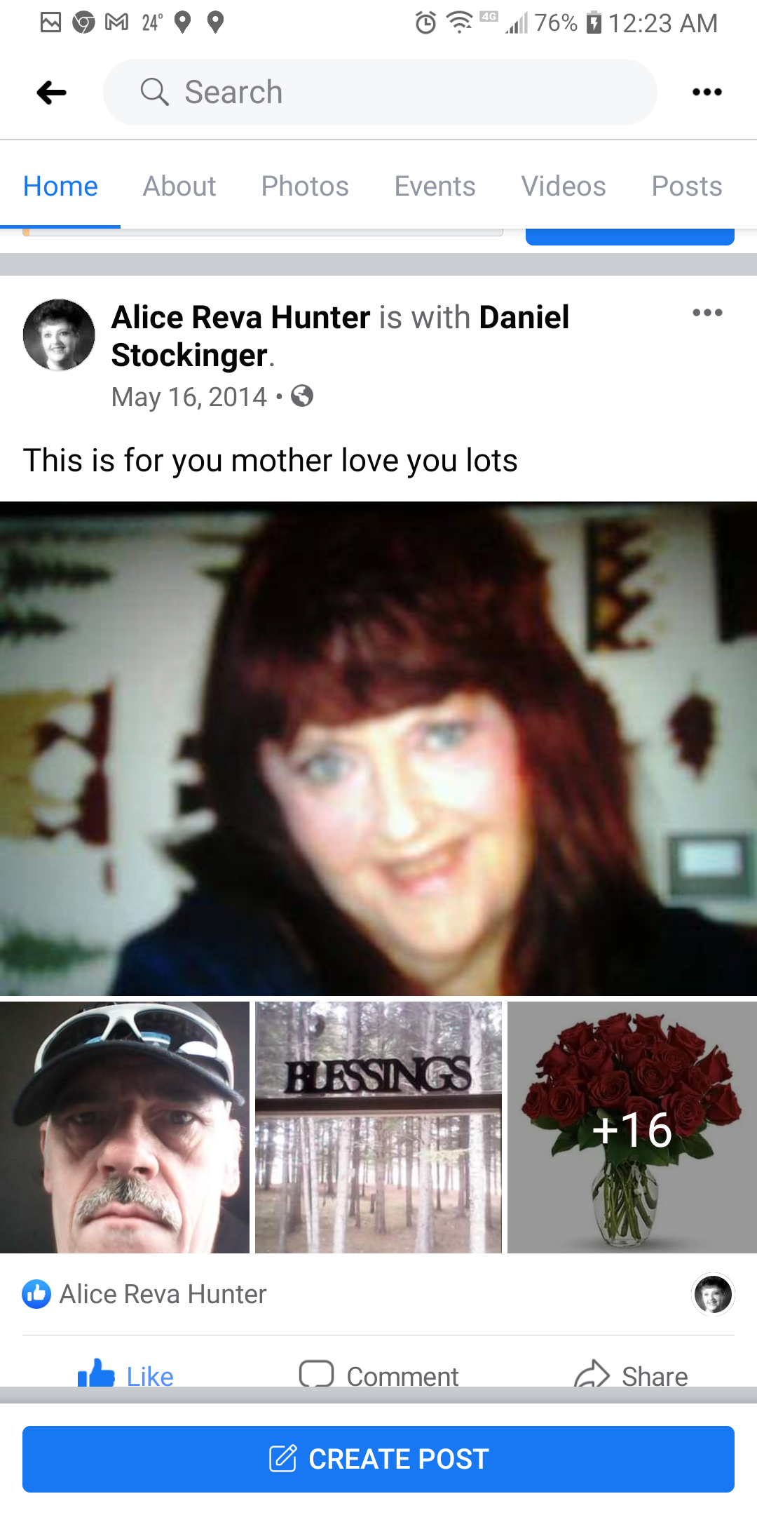 A heartfelt message is shared along with a portrait of a woman, showcasing familial love.